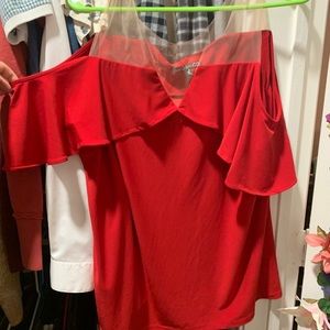 Red mesh see through cold shoulder blouse